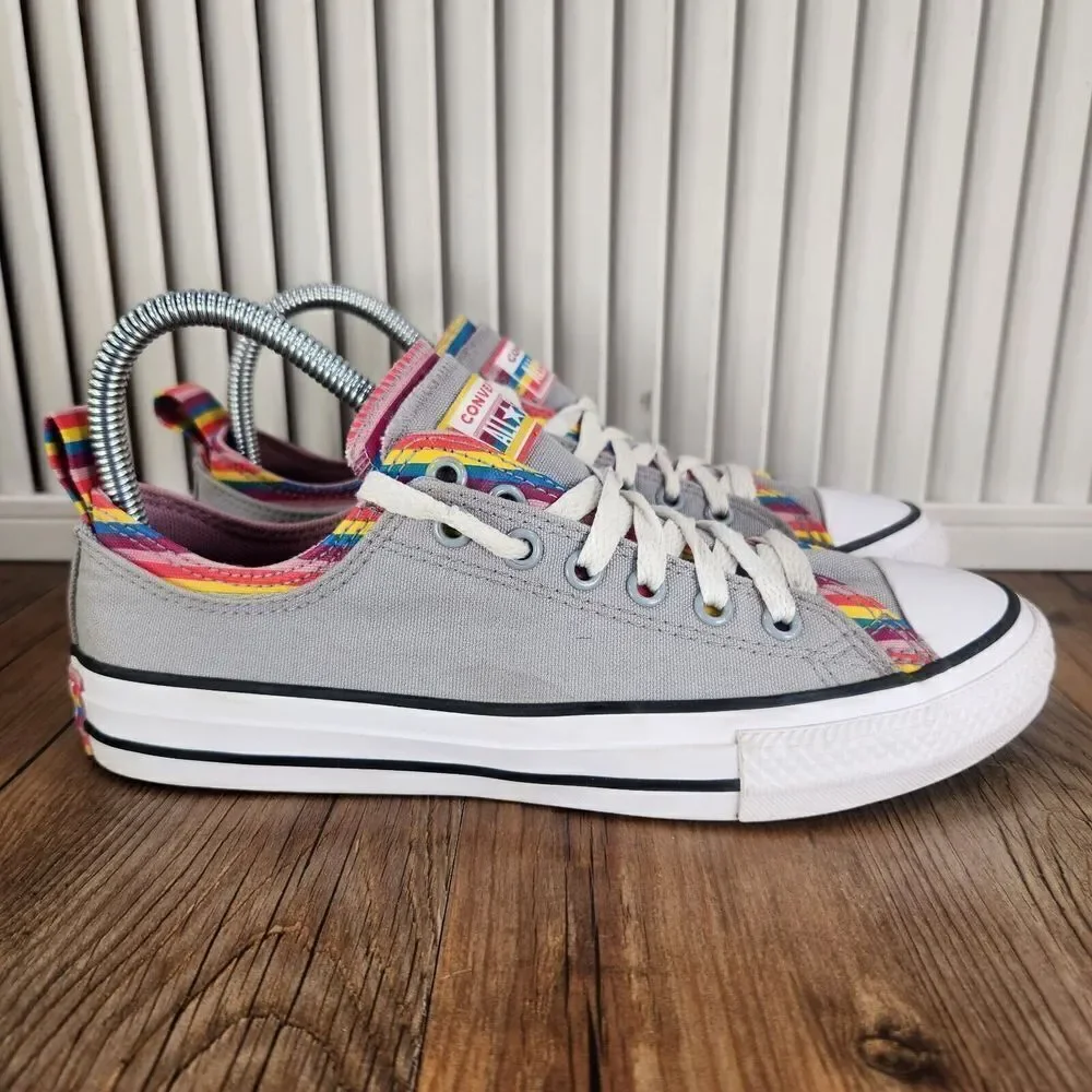 Converse CTAS Junior Sz 5 Gray Rainbow Layered Double Tongue Canvas Skate Shoes